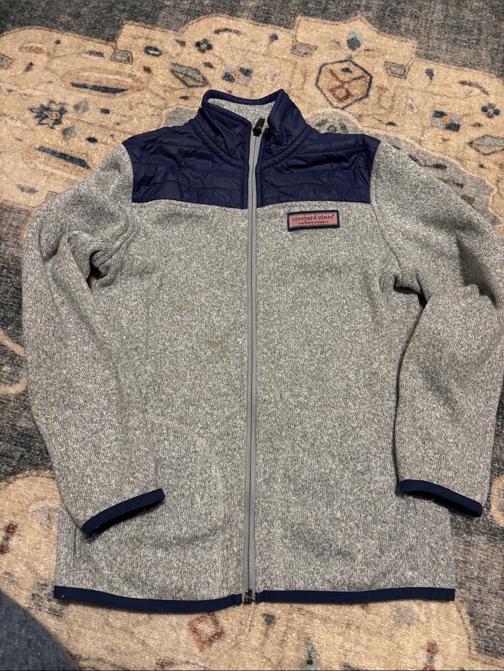 Vineyard Vines Kids Grey Fleece Jacket with Navy Quilted Yoke, size 8/10 small